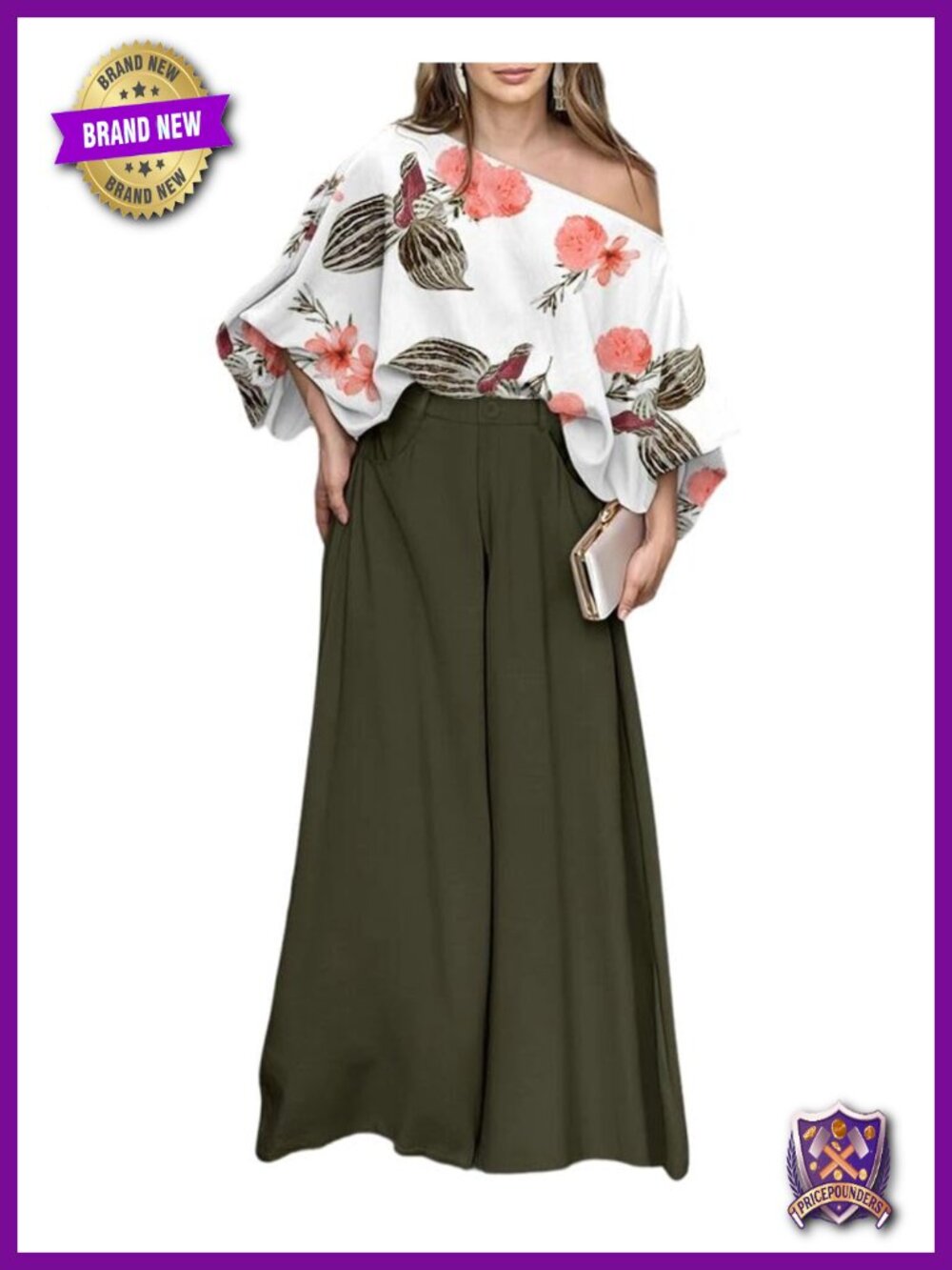 Women 2 Piece Summer Outfit Off Shoulder Flowy Wide Leg Pants Set Lantern Sleeve
